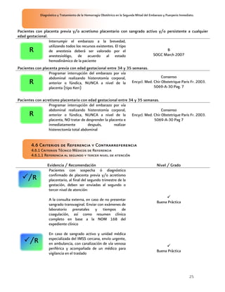 Diagnóstico y Tratamiento de la Hemorragia Obstétrica en la Segunda Mitad del Embarazo y Puerperio Inmediato.



Pacientes con placenta previa y/o acretismo placentario con sangrado activo y/o persistente a cualquier
edad gestacional.
                  Interrumpir el embarazo a la brevedad,
                  utilizando todos los recursos existentes. El tipo
      R           de anestesia deberá ser valorado por el                       B
                                                                         SOGC March 2007
                  anestesiológo, de acuerdo al estado
                  hemodinámico de la paciente
Pacientes con placenta previa con edad gestacional entre 34 y 35 semanas.
                  Programar interrupción del embarazo por vía
                  abdominal realizando histerotomía corporal,                Consenso
      R           anterior o fúndica, NUNCA a nivel de la Encycl. Med. Chir Obstetrique Paris Fr. 2003.
                                                                          5069-A-30 Pag. 7
                  placenta (tipo Kerr)

Pacientes con acretismo placentario con edad gestacional entre 34 y 35 semanas.
                  Programar interrupción del embarazo por vía
                  abdominal realizando histerotomía corporal,                   Consenso
      R           anterior o fúndica, NUNCA a nivel de la Encycl. Med. Chir Obstetrique Paris Fr. 2003.
                  placenta, NO tratar de desprender la placenta e           5069-A-30 Pag 7
                  inmediatamente          después,        realizar
                  histerectomía total abdominal


       4.6 Criterios de Referencia y Contrarreferencia
       4.6.1 Criterios Técnico Médicos de Referencia
       4.6.1.1 Referencia al segundo y tercer nivel de atención

                 Evidencia / Recomendación                                                    Nivel / Grado
                  Pacientes con sospecha ó diagnóstico
                  confirmado de placenta previa y/o acretismo
     /R           placentario, al final del segundo trimestre de la
                  gestación, deben ser enviadas al segundo o
                  tercer nivel de atención:

                  A la consulta externa, en caso de no presentar
                                                                                              Buena Práctica
                  sangrado transvaginal. Enviar con exámenes de
                  laboratorio prenatales y tiempos de
                  coagulación, así como resumen clínico
                  completo en base a la NOM 168 del
                  expediente clínico

                  En caso de sangrado activo y unidad médica
                  especializada del IMSS cercana, envío urgente,
      /R          en ambulancia, con canalización de vía venosa
                  periférica y acompañada de un médico para
                                                                                              Buena Práctica
                  vigilancia en el traslado




                                                                                                                     25
 
