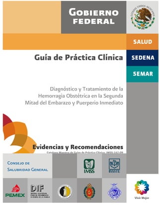 Guía de Práctica Clínica


           Diagnóstico y Tratamiento de la
     Hemorragia Obstétrica en la Segunda
Mitad del Embarazo y Puerperio Inmediato




   Evidencias y Recomendaciones
         Catalogo Maestro de Guías de Práctica Clínica: IMSS-162-09
 