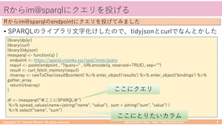 takemikamiʼs note ‒ http://takemikami.com/
Rからim@sparqlにクエリを投げる
• SPARQLのライブラリ⽂字化けしたので、tidyjsonとcurlでなんとかした
Copyright (C) Takeshi Mikami. All rights reserved. 8
Rからim@sparqlのendpointにクエリを投げてみました
library(dplyr)
library(curl)
library(tidyjson)
imasparql <- function(q) {
endpoint <- https://sparql.crssnky.xyz/spql/imas/query
requrl <- paste(endpoint , "?query=" , URLencode(q, reserved=TRUE), sep="")
result <- curl_fetch_memory(requrl)
rtnarray <- rawToChar(result$content) %>% enter_object('results') %>% enter_object('bindings') %>%
gather_array
return(rtnarray)
}
df <- imasparql(“※ここにSPARQL※")
%>% spread_values(name=jstring("name", "value"), sum = jstring(”sum", "value") )
%>% select("name", ”sum")
ここにクエリ
ここにとりたいカラムここにとりたいカラム
 