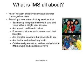 What is IMS all about? Full IP network and service infrastructure for converged services  Providing a new wave of sticky services that Seamlessly integrate multimedia, data and voice within a single user session Are instant, real time in nature  Focus on customer environments and their lifestyles Are complex in nature, but simplistic to use Are device and network agnostic Can be easily enhanced and expanded as the IMS network and standards evolve 