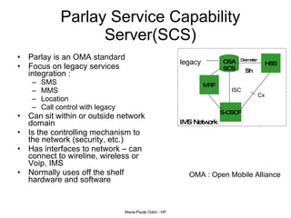 Parlay Service Capability Server(SCS) Parlay is an OMA standard  Focus on legacy services integration :  SMS MMS Location Call control with legacy  Can sit within or outside network domain Is the controlling mechanism to the network (security, etc.) Has interfaces to network – can connect to wireline, wireless or Voip, IMS Normally uses off the shelf hardware and software OMA : Open Mobile Alliance legacy OSA SCS MRF S-CSCF HSS Diameter Sh IMS Network Cx ISC 