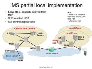 IMS partial local implementation Local HSS, possibly evolved from HLR SLF to select HSS Still central applications Packet Network Local Zone SGSN Central IMS Centre App. Servers MGW GGSN Circuit Network CSCF   HLR CRM & Billing MGCF MGW SLF Local HSS Note :  - some local zone will have IMS service, and local HSS - others may not  Local Zone 