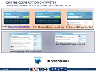 JOIN THE CONVERSATION ON TWITTER
   QUESTIONS? COMMENTS? JOIN US LIVE ON THE 10TH FROM ST. LOUIS




Go to: http://www.twitter.com/   Enter #EngagingTimes in search box   Hit Search. Will need to refresh




                                                          Use #EngagingTimes to comment


        Enter #EngagingTimes in search box



                                                #EngagingTimes

                                                                                                         1
 