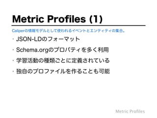 • JSON-LDのフォーマット
• Schema.orgのプロパティを多く利用
• 学習活動の種類ごとに定義されている
• 独自のプロファイルを作ることも可能
Metric Proﬁles (1)
Metric Proﬁles
Caliperの情報モデルとして使われるイベントとエンティティの集合。
 
