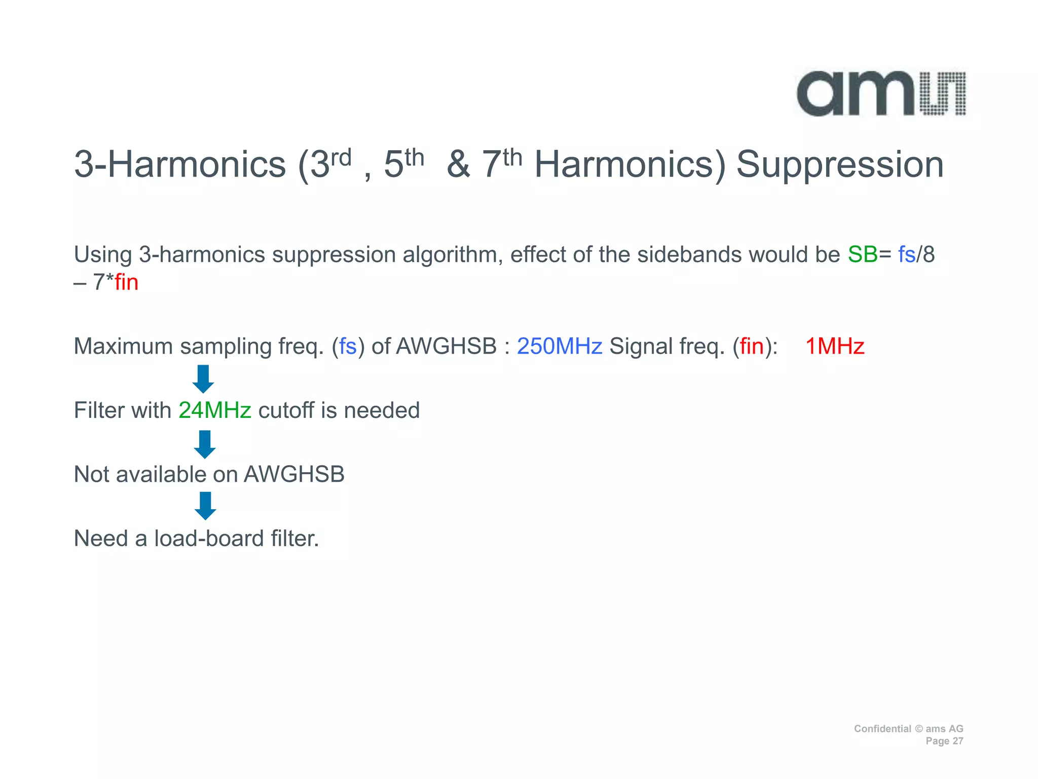 Confidential © ams AG
Page 27
3-Harmonics (3rd , 5th & 7th Harmonics) Suppression
Using 3-harmonics suppression algorithm, effect of the sidebands would be SB= fs/8
– 7*fin
Maximum sampling freq. (fs) of AWGHSB : 250MHz Signal freq. (fin): 1MHz
Filter with 24MHz cutoff is needed
Not available on AWGHSB
Need a load-board filter.
 