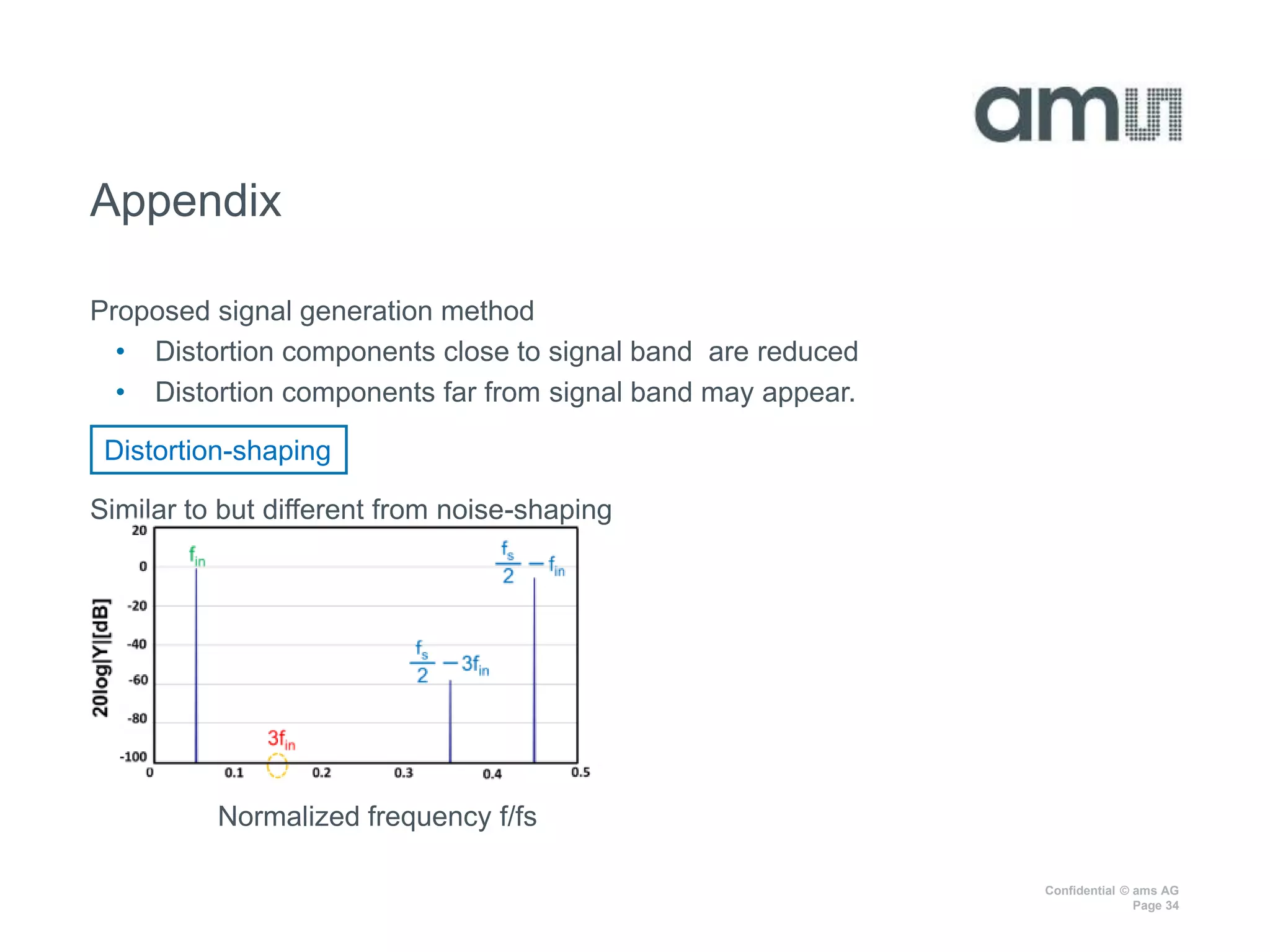 Confidential © ams AG
Page 34
Appendix
Proposed signal generation method
• Distortion components close to signal band are reduced
• Distortion components far from signal band may appear.
Similar to but different from noise-shaping
Distortion-shaping
Normalized frequency f/fs
 