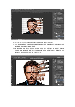 13- La capa de maya ya podemos ocultarla para ver el efecto sin rejilla.
14- Las capas de copia superiores podemos modificarlas cambiando la perspectiva y la
escala en busca de un mayor efecto.
15- El resultado final podría ser una imagen similar a la mostrada en la parte inferior.
Cuanto más pequeños sean los cuadrados del rostro mejor quedará el efecto, para
esta foto podríamos probar con 50% de escala.
 