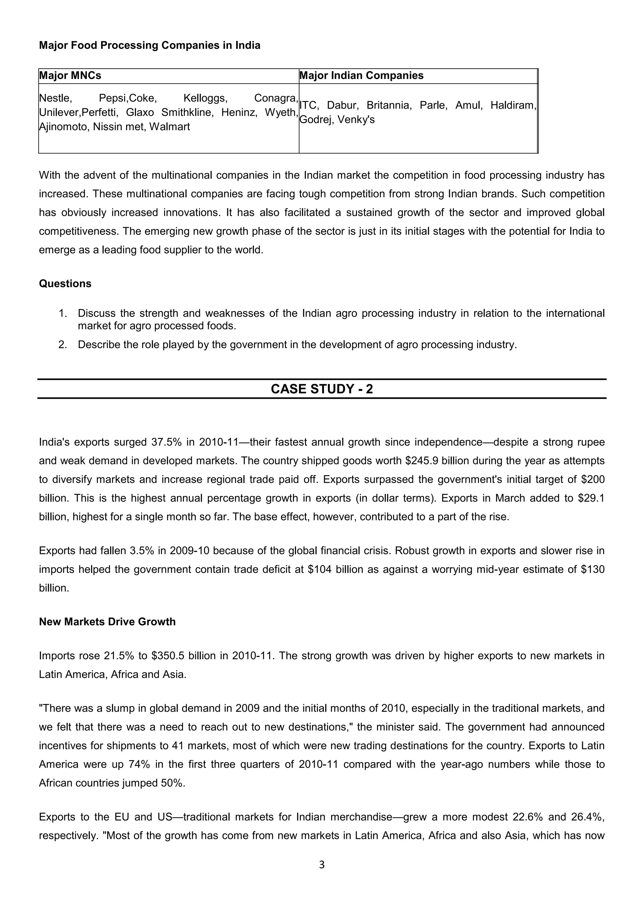 3
Major Food Processing Companies in India
Major MNCs Major Indian Companies
Nestle, Pepsi,Coke, Kelloggs, Conagra,
Unilever,Perfetti, Glaxo Smithkline, Heninz, Wyeth,
Ajinomoto, Nissin met, Walmart
ITC, Dabur, Britannia, Parle, Amul, Haldiram,
Godrej, Venky's
With the advent of the multinational companies in the Indian market the competition in food processing industry has
increased. These multinational companies are facing tough competition from strong Indian brands. Such competition
has obviously increased innovations. It has also facilitated a sustained growth of the sector and improved global
competitiveness. The emerging new growth phase of the sector is just in its initial stages with the potential for India to
emerge as a leading food supplier to the world.
Questions
1. Discuss the strength and weaknesses of the Indian agro processing industry in relation to the international
market for agro processed foods.
2. Describe the role played by the government in the development of agro processing industry.
CASE STUDY - 2
India's exports surged 37.5% in 2010-11—their fastest annual growth since independence—despite a strong rupee
and weak demand in developed markets. The country shipped goods worth $245.9 billion during the year as attempts
to diversify markets and increase regional trade paid off. Exports surpassed the government's initial target of $200
billion. This is the highest annual percentage growth in exports (in dollar terms). Exports in March added to $29.1
billion, highest for a single month so far. The base effect, however, contributed to a part of the rise.
Exports had fallen 3.5% in 2009-10 because of the global financial crisis. Robust growth in exports and slower rise in
imports helped the government contain trade deficit at $104 billion as against a worrying mid-year estimate of $130
billion.
New Markets Drive Growth
Imports rose 21.5% to $350.5 billion in 2010-11. The strong growth was driven by higher exports to new markets in
Latin America, Africa and Asia.
"There was a slump in global demand in 2009 and the initial months of 2010, especially in the traditional markets, and
we felt that there was a need to reach out to new destinations," the minister said. The government had announced
incentives for shipments to 41 markets, most of which were new trading destinations for the country. Exports to Latin
America were up 74% in the first three quarters of 2010-11 compared with the year-ago numbers while those to
African countries jumped 50%.
Exports to the EU and US—traditional markets for Indian merchandise—grew a more modest 22.6% and 26.4%,
respectively. "Most of the growth has come from new markets in Latin America, Africa and also Asia, which has now
 