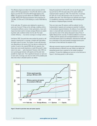 The efﬁciency ﬁgures are taken from various sources with the
value in 2015 being projected at 1.3 b/s/Hz/cell, which is a safer
ﬁgure to use than the 2.6 b/s/Hz/cell 4G target based on 4x2
MIMO. The spectrum growth follows the GSM900, DCS1800,
E-GSM, UMTS2100 historical progression with projections for
700 MHz, 2.6 GHz and 3.5 GHz leading to a total of 680 MHz by
2015.
In the early days, 2G systems were deployed to operate at a
peak rate of around 10 kbps at the cell edge, enabling uniform,
if somewhat inefﬁcient, service. In later generations, many tech-
niques have been used to increase average efﬁciency by exploit-
ing better radio conditions further into the cell. The result
is better efﬁciency — but service coverage is no longer uniform.
Until about 2002, the peak data rates tracked the growth in cell
capacity, meaning that, on average, a loaded cell could deliver
the higher rates to its users. The number of users will obviously
vary depending on the service, but if we take as a reference the
number of users in the original GSM cell at its capacity, then
these same users would experience a nearly 50x growth in data
rates in ten years — quite impressive! However, after 2002 we
see a growing gap between cell capacity and the peak rates
possible for single users. This is signiﬁcant because our same set
of users will, on average, see only one-tenth of the possible peak
data rates today’s unloaded systems can deliver.
Using the projections for LTE and 4G, we can see the gap widen-
ing such that by 2015 the peak rates of the system will have
outpaced system capacity by 100x. This means that, on average,
the cell’s set of users will experience only one percent of the
headline data rates. Even these ﬁgures are optimistic since Figure
3 is simpliﬁed by assuming constant load, ideal scheduling and
the absence of deployed legacy terminals.
There are many ways 4G systems could be analyzed, but the
fundamentals of capacity and coverage are essential. In addition
to the predicted capacity limitations, the delivery of very high data
rates in a macrocell radio environment is restricted to a small
area near the center of the cell (as discussed in Issue Three of
Agilent Measurement Journal). If mobile broadband is to become
a reality, both the capacity and coverage limitations of current
macrocell systems need to be addressed, otherwise the result will
be a continuation of the trend towards inconsistent service provi-
sion known to have held back the adoption of 3G.
Although projected capacity growth through additional spectrum
and improvements in efﬁciency are real, neither can deliver the
substantial growth that is required for the mobile broadband
revolution. To meet this challenge we must turn to the third axis in
Figure 2, that being growth in cell numbers.
7 Agilent Measurement Journal www.agilent.com/go/journal
Figure 3. Growth in peak data rates and system capacity
1,000,000
100,000
10,000
1,000
100
10
1990 1995 2000 2005 2010 2015
1000
100
10
1
10 times capacity gap today
growing to 100 times in 2015
Efficiency, spectrum and capacity
are normalized to 1992 levels
10 times
100 times
Peak rates Average efficiency Spectrum Capacity
kbps
 
