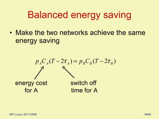 Make the two networks achieve the same energy saving Balanced energy saving switch off  time for A energy cost for A 