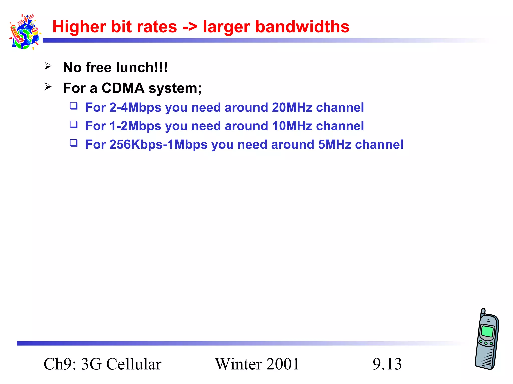 Higher bit rates -> larger bandwidths



No free lunch!!!
For a CDMA system;
For 2-4Mbps you need around 20MHz channel
 For 1-2Mbps you need around 10MHz channel
 For 256Kbps-1Mbps you need around 5MHz channel


Ch9: 3G Cellular

Winter 2001

9.13

 