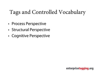 Tags and Controlled Vocabulary
• Process Perspective
• Structural Perspective
• Cognitive Perspective
 