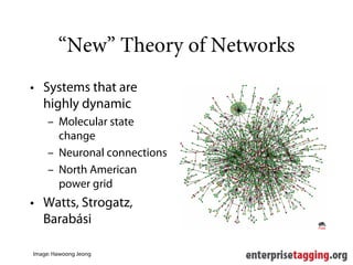 “New” Theory of Networks
• Systems that are
  highly dynamic
     – Molecular state
       change
     – Neuronal connections
     – North American
       power grid
• Watts, Strogatz,
  Barabási

Image: Hawoong Jeong
 