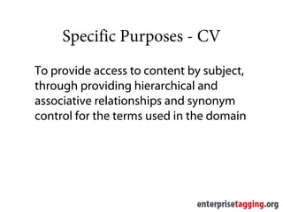 Specific Purposes - CV
To provide access to content by subject,
through providing hierarchical and
associative relationships and synonym
control for the terms used in the domain
 