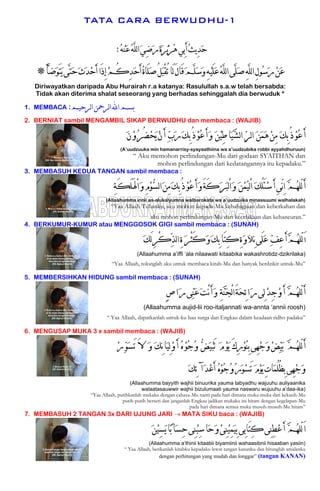 TATA CARA BERWUDHU-1
‫ﹸ‬‫ﻪ‬‫ﹾ‬‫ﻨ‬‫ﹶ‬‫ﻋ‬‫ﹸ‬‫ﻪ‬‫ﱠ‬‫ﻠ‬‫ﻟ‬‫ﺍ‬‫ﹶ‬‫ﻲ‬ِ‫ﺿ‬‫ﹶ‬‫ﺭ‬‫ﹶ‬‫ﺓ‬‫ﹶ‬‫ﺮ‬‫ﹾ‬‫ﻳ‬‫ﹶ‬‫ﺮ‬‫ﹸ‬‫ﻫ‬‫ِﻲ‬‫ﺑ‬َ‫ﺃ‬‫ﹸ‬‫ﺚ‬‫ﻳ‬ِ‫ﺪ‬‫ﹶ‬‫ﺣ‬:
َ‫ﺄ‬‫ﱠ‬‫ﺿ‬‫ﹶ‬‫ﻮ‬َ‫ﺘ‬‫ﹶ‬‫ﻳ‬‫ﱠﻰ‬‫ﺘ‬‫ﹶ‬‫ﺣ‬‫ﹶ‬‫ﺙ‬‫ﹶ‬‫ﺪ‬‫ﹾ‬‫ﺣ‬َ‫ﺃ‬‫َﺍ‬‫ﺫ‬ِ‫ﺇ‬‫ﹾ‬‫ﻢ‬ُ‫ﻛ‬ِ‫ﺪ‬‫ﹶ‬‫ﺣ‬َ‫ﺃ‬‫ﹸ‬‫ﺓ‬‫َﺎ‬‫ﻠ‬‫ﹶ‬‫ﺻ‬ُ‫ﻞ‬‫ﹶ‬‫ﺒ‬ْ‫ﻘ‬ُ‫ﺗ‬‫َﺎ‬‫ﻟ‬َ‫ﻝ‬‫َﺎ‬‫ﻗ‬‫ﹶ‬‫ﻢ‬‫ﱠ‬‫ﻠ‬‫ﹶ‬‫ﺳ‬‫ﹶ‬‫ﻭ‬ِ‫ﻪ‬‫ﹾ‬‫ﻴ‬َ‫ﻠ‬‫ﹶ‬‫ﻋ‬‫ﹸ‬‫ﻪ‬‫ﱠ‬‫ﻠ‬‫ﻟ‬‫ﺍ‬‫ﱠﻰ‬‫ﻠ‬‫ﹶ‬‫ﺻ‬ِ‫ﻪ‬‫ﱠ‬‫ﻠ‬‫ﻟ‬‫ﺍ‬ِ‫ﻝ‬‫ﹸﻮ‬‫ﺳ‬‫ﹶ‬‫ﺭ‬‫ﹾ‬‫ﻦ‬‫ﹶ‬‫ﻋ‬*
Diriwayatkan daripada Abu Hurairah r.a katanya: Rasulullah s.a.w telah bersabda:
Tidak akan diterima shalat seseorang yang berhadas sehinggalah dia berwuduk *
1. MEMBACA ‫ﻟﺮﺣﻴﻢ‬‫ﺍ‬‫ﻟﺮﲪﻦ‬‫ﺍ‬‫ﺍﻪﻠﻟ‬‫ﺑﺴﻢ‬:
2. BERNIAT sambil MENGAMBIL SIKAP BERWUDHU dan membaca : (WAJIB)
‫ﹶ‬‫ﻴ‬‫ﱠ‬‫ﺸ‬‫ﻟ‬‫ﺍ‬ ‫ﱢ‬‫ﺮ‬‫ﻟ‬‫ﺍ‬ ‫ﹶ‬‫ﻦ‬‫ﹶ‬‫ﻤ‬‫ﹶ‬‫ﻫ‬‫ﹾ‬‫ﻦ‬ِ‫ﻣ‬ ‫ﹶ‬‫ﻚ‬ِ‫ﺑ‬ُ‫ﺫ‬‫ﹾ‬‫ﻮ‬‫ﹸ‬‫ﻋ‬َ‫ﺃ‬‫ﹶ‬‫ﻥ‬‫ﹾ‬‫ﻭ‬‫ﹸ‬‫ﺮ‬ُ‫ﻀ‬‫ﹾ‬‫ﺤ‬‫ﹶ‬‫ﻳ‬‫ﹾ‬‫ﻥ‬َ‫ﺃ‬ ‫ﱢ‬‫ﺏ‬‫ﹶ‬‫ﺭ‬‫ﹶ‬‫ﻚ‬ِ‫ﺑ‬ُ‫ﺫ‬‫ﹾ‬‫ﻮ‬‫ﹸ‬‫ﻋ‬َ‫ﺃ‬‫ﹶ‬‫ﻭ‬ ‫ﹶ‬‫ﻦ‬‫ﹾ‬‫ﻴ‬ِ‫ﻃ‬‫ﺎ‬
(A’uudzuuka min hamanarrisy-syayaathiina wa a’uudzubika robbi ayyahdhuruun)
“ Aku memohon perlindungan-Mu dari godaan SYAITHAN dan
mohon perlindungan dari kedatangannya itu kepadaku.”
3. MEMBASUH KEDUA TANGAN sambil membaca :
ِ‫ﺔ‬َ‫ﻜ‬َ‫ﻠ‬َ‫ﳍ‬ْ‫ﺍ‬‫ﹶ‬‫ﻭ‬ِ‫ﻡ‬‫ﹾ‬‫ﻮ‬‫ﱡ‬‫ﺴ‬‫ﻟ‬‫ﺍ‬‫ﹶ‬‫ﻦ‬ِ‫ﻣ‬‫ﹶ‬‫ﻚ‬ِ‫ﺑ‬ُ‫ﺫ‬‫ﹾ‬‫ﻮ‬‫ﹸ‬‫ﻋ‬َ‫ﺃ‬‫ﹶ‬‫ﻭ‬َ‫ﺔ‬َ‫ﻛ‬‫ﹶ‬‫ﺮ‬‫ﹶ‬‫ﺒ‬‫ﻟ‬ْ‫ﺍ‬‫ﹶ‬‫ﻭ‬ ‫ﹶ‬‫ﻦ‬‫ﹾ‬‫ﻤ‬‫ﹸ‬‫ﻴ‬‫ﻟ‬ْ‫ﺍ‬ ‫ﹶ‬‫ﻚ‬ُ‫ﻠ‬َ‫ﺌ‬‫ﹾ‬‫ﺳ‬َ‫ﺃ‬ِ‫ﻰ‬ّ‫ﻧ‬ِ‫ﺍ‬ ‫ﱠ‬‫ﻢ‬‫ﹸ‬‫ﻬ‬‫ّﻠ‬‫ﻟ‬َ‫ﺃ‬
(Allaahumma innii as-alukalyumna walbarokata wa a’uudzuika minassuumi walhalakah)
“Yaa Allaah Tuhanku, aku mohon kepada-Mu kebahagiaan dan keberkahan dan
aku mohon perlindungan-Mu dari kecelakaan dan kehancuran.”
4. BERKUMUR-KUMUR atau MENGGOSOK GIGI sambil membaca : (SUNAH)
‫ﺍ‬‫ﹶ‬‫ﻚ‬َ‫ﻟ‬ِ‫ﺮ‬ْ‫ﻛ‬‫ﱢ‬‫ﺬ‬‫ﻟ‬‫ﺍ‬ِ‫ﺓ‬ ‫ﹶ‬‫ﺮ‬ْ‫ﺜ‬َ‫ﻛ‬‫ﹶ‬‫ﻭ‬‫ﹶ‬‫ﻚ‬ِ‫ﺑ‬‫َﺎ‬‫ﺘ‬ِ‫ﻛ‬ِ‫ﺓ‬‫ﹶ‬‫ﻭ‬‫ﹶ‬‫ﻼ‬ِ‫ﻧ‬‫َﻰ‬‫ﻠ‬‫ﹶ‬‫ﻋ‬ ‫ﱢ‬‫ﻒ‬ِ‫ﻋ‬َ‫ﺃ‬‫ﱠ‬‫ﻢ‬‫ﹸ‬‫ﻬ‬‫ّﻠ‬‫ﻟ‬َ
(Allaahumma a’iffi ‘ala nilaawati kitaabika wakashrotidz-dzikrilaka)
“Yaa Allaah, tolonglah aku untuk membaca kitab-Mu dan banyak berdzikir untuk-Mu”
5. MEMBERSIHKAN HIDUNG sambil membaca : (SUNAH)
ٍ‫ﺹ‬‫ﺍ‬‫ﹶ‬‫ﺭ‬‫ﱢﻰ‬‫ﻨ‬‫ﹶ‬‫ﻋ‬‫ﹶ‬‫ﺖ‬ْ‫ﻧ‬َ‫ﺃ‬‫ﹶ‬‫ﻭ‬ ِ‫ﺔ‬‫ﱠ‬‫ﻨ‬‫ﹶ‬‫ﺠ‬ْ‫ﻟ‬‫ﺍ‬َ‫ﺔ‬‫ﹶ‬‫ﺤ‬ِ‫ﺋ‬‫ﺍ‬‫ﹶ‬‫ﺭ‬‫ِﻰ‬‫ﻟ‬‫ﹾ‬‫ﺪ‬ِ‫ﺟ‬‫ﹾ‬‫ﻭ‬َ‫ﺃ‬ ‫ﱠ‬‫ﻢ‬‫ﹸ‬‫ﻬ‬‫ّﻠ‬‫ﻟ‬َ‫ﺃ‬
(Allaahumma aujid-lii roo-italjannati wa-annta ‘annii roosh)
“ Yaa Allaah, dapatkanlah untuk-ku bau surga dan Engkau dalam keadaan ridho padaku”
6. MENGUSAP MUKA 3 x sambil membaca : (WAJIB)
‫ﹸ‬‫ﻭ‬ ‫ﱡ‬‫ﺾ‬‫ﹶ‬‫ﻴ‬‫ﹾ‬‫ﺒ‬َ‫ﺗ‬ ‫ﹶ‬‫ﻡ‬‫ﹾ‬‫ﻮ‬‫ﹶ‬‫ﻳ‬ َ‫ﻙ‬ِ‫ﺭ‬‫ﹾ‬‫ﻮ‬‫ﹸ‬‫ﻨ‬ِ‫ﺑ‬‫ِﻰ‬‫ﻬ‬‫ﹾ‬‫ﺟ‬‫ﹶ‬‫ﻭ‬‫ﹾ‬‫ﺾ‬‫ﱢ‬‫ﻴ‬‫ﹶ‬‫ﺑ‬ ‫ﱠ‬‫ﻢ‬‫ﹸ‬‫ﻬ‬‫ّﻠ‬‫ﻟ‬َ‫ﺃ‬‫ﹾ‬‫ﺭ‬‫ﱢ‬‫ﻮ‬‫ﹶ‬‫ﺴ‬َ‫ﺗ‬ َ‫ﻻ‬ ‫ﹶ‬‫ﻭ‬ ‫ﹶ‬‫ﻚ‬ِ‫ﻧ‬‫ﹶﺎ‬‫ﻴ‬ِ‫ﻟ‬‫ﹾ‬‫ﻭ‬َ‫ﺃ‬ ‫ﹸ‬‫ﻩ‬‫ﹾ‬‫ﻮ‬‫ﹸ‬‫ﺟ‬
‫ﹶ‬‫ﻚ‬ِ‫ﺋ‬ ‫ﺁ‬‫ﹶ‬‫ﺪ‬‫ﹾ‬‫ﻋ‬َ‫ﺃ‬ ‫ﹸ‬‫ﻩ‬‫ﹾ‬‫ﻮ‬‫ﹸ‬‫ﺟ‬‫ﹸ‬‫ﻭ‬‫ﹸ‬‫ﺭ‬‫ﹶ‬‫ﻮ‬‫ﹾ‬‫ﺴ‬َ‫ﺗ‬ ‫ﹶ‬‫ﻡ‬‫ﹾ‬‫ﻮ‬‫ﹶ‬‫ﻳ‬ِ‫ﺕ‬‫ﹶﺎ‬‫ﻤ‬ُ‫ﻠ‬ُ‫ﻈ‬ِ‫ﺑ‬‫ِﻰ‬‫ﻬ‬‫ﹾ‬‫ﺟ‬‫ﹶ‬‫ﻭ‬
(Allaahumma bayyith wajhii binuurika yauma tabyadhu wajuuhu auliyaanika
walaatasauwwir wajhii bizulumaati yauma naswaru wujuuhu a’daa-ika)
“Yaa Allaah, putihkanlah mukaku dengan cahaya-Mu nanti pada hari dimana muka-muka dari kekasih-Mu
putih-putih berseri dan janganlah Engkau jadikan mukaku ini hitam dengan kegelapan-Mu
pada hari dimana semua muka musuh-musuh-Mu hitam”
7. MEMBASUH 2 TANGAN 3x DARI UJUNG JARI → MATA SIKU baca : (WAJIB)
‫ﹶ‬‫ﻦ‬‫ﹾ‬‫ﻴ‬ِ‫ﺴ‬‫ﹶ‬‫ﻳ‬‫ﹰﺎ‬‫ﺑ‬‫ﹶﺎ‬‫ﺴ‬ِ‫ﺣ‬‫ِﻰ‬‫ﻨ‬‫ﹾ‬‫ﺒ‬ِ‫ﺳ‬‫ﹶﺎ‬‫ﺣ‬‫ﹶ‬‫ﻭ‬‫ﹾ‬‫ﻰ‬ِ‫ﻨ‬‫ﹾ‬‫ﻴ‬ِ‫ﻤ‬‫ﹶ‬‫ﻴ‬ِ‫ﺑ‬‫ِﻰ‬‫ﺑ‬‫َﺎ‬‫ﺘ‬ِ‫ﻛ‬‫ِﻰ‬‫ﻨ‬ِ‫ﻄ‬‫ﹾ‬‫ﻋ‬َ‫ﺃ‬ ‫ﱠ‬‫ﻢ‬‫ﹸ‬‫ﻬ‬‫ّﻠ‬‫ﻟ‬َ‫ﺍ‬
(Allaahumma a’thinii kitaabii biyamiinii wahaasibnii hisaaban yasiin)
“ Yaa Allaah, berikanlah kitabku kepadaku lewat tangan kananku dan hitunglah amalanku
dengan perhitungan yang mudah dan longgar” (tangan KANAN)
 