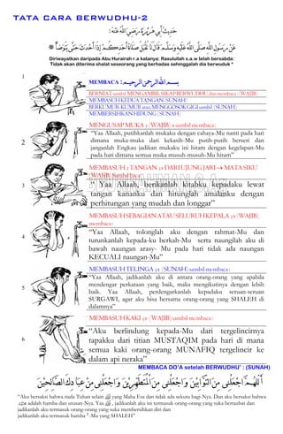 TATA CARA BERWUDHU-2
‫ﹸ‬‫ﻪ‬‫ﹾ‬‫ﻨ‬‫ﹶ‬‫ﻋ‬‫ﹸ‬‫ﻪ‬‫ﱠ‬‫ﻠ‬‫ﻟ‬‫ﺍ‬‫ﹶ‬‫ﻲ‬ِ‫ﺿ‬‫ﹶ‬‫ﺭ‬‫ﹶ‬‫ﺓ‬‫ﹶ‬‫ﺮ‬‫ﹾ‬‫ﻳ‬‫ﹶ‬‫ﺮ‬‫ﹸ‬‫ﻫ‬‫ِﻲ‬‫ﺑ‬َ‫ﺃ‬‫ﹸ‬‫ﺚ‬‫ﻳ‬ِ‫ﺪ‬‫ﹶ‬‫ﺣ‬:
َ‫ﺄ‬‫ﱠ‬‫ﺿ‬‫ﹶ‬‫ﻮ‬َ‫ﺘ‬‫ﹶ‬‫ﻳ‬‫ﱠﻰ‬‫ﺘ‬‫ﹶ‬‫ﺣ‬‫ﹶ‬‫ﺙ‬‫ﹶ‬‫ﺪ‬‫ﹾ‬‫ﺣ‬َ‫ﺃ‬‫َﺍ‬‫ﺫ‬ِ‫ﺇ‬‫ﹾ‬‫ﻢ‬ُ‫ﻛ‬ِ‫ﺪ‬‫ﹶ‬‫ﺣ‬َ‫ﺃ‬‫ﹸ‬‫ﺓ‬‫َﺎ‬‫ﻠ‬‫ﹶ‬‫ﺻ‬ُ‫ﻞ‬‫ﹶ‬‫ﺒ‬ْ‫ﻘ‬ُ‫ﺗ‬‫َﺎ‬‫ﻟ‬َ‫ﻝ‬‫َﺎ‬‫ﻗ‬‫ﹶ‬‫ﻢ‬‫ﱠ‬‫ﻠ‬‫ﹶ‬‫ﺳ‬‫ﹶ‬‫ﻭ‬ِ‫ﻪ‬‫ﹾ‬‫ﻴ‬َ‫ﻠ‬‫ﹶ‬‫ﻋ‬‫ﹸ‬‫ﻪ‬‫ﱠ‬‫ﻠ‬‫ﻟ‬‫ﺍ‬‫ﱠﻰ‬‫ﻠ‬‫ﹶ‬‫ﺻ‬ِ‫ﻪ‬‫ﱠ‬‫ﻠ‬‫ﻟ‬‫ﺍ‬ِ‫ﻝ‬‫ﹸﻮ‬‫ﺳ‬‫ﹶ‬‫ﺭ‬‫ﹾ‬‫ﻦ‬‫ﹶ‬‫ﻋ‬*
Diriwayatkan daripada Abu Hurairah r.a katanya: Rasulullah s.a.w telah bersabda:
Tidak akan diterima shalat seseorang yang berhadas sehinggalah dia berwuduk *
MEMBACA ‫ﻟﺮﺣﻴﻢ‬‫ﺍ‬‫ﻟﺮﲪﻦ‬‫ﺍ‬‫ﺍﻪﻠﻟ‬‫ﺑﺴﻢ‬:
BERNIATsambilMENGAMBILSIKAPBERWUDHUdanmembaca:(WAJIB)
MEMBASUHKEDUATANGAN(SUNAH)
BERKUMUR-KUMURatauMENGGOSOKGIGIsambil (SUNAH)
1
MEMBERSIHKANHIDUNG (SUNAH)
MENGUSAPMUKA3(WAJIB)xsambilmembaca:
2
“Yaa Allaah, putihkanlah mukaku dengan cahaya-Mu nanti pada hari
dimana muka-muka dari kekasih-Mu putih-putih berseri dan
janganlah Engkau jadikan mukaku ini hitam dengan kegelapan-Mu
pada hari dimana semua muka musuh-musuh-Mu hitam”
MEMBASUH2TANGAN3xDARIUJUNGJARI→MATASIKU
(WAJIB)Sambilbaca:
3 “ Yaa Allaah, berikanlah kitabku kepadaku lewat
tangan kananku dan hitunglah amalanku dengan
perhitungan yang mudah dan longgar”
MEMBASUHSEBAGIANATAUSELURUHKEPALA3x(WAJIB)
membaca:
4
“Yaa Allaah, tolonglah aku dengan rahmat-Mu dan
turunkanlah kepada-ku berkah-Mu serta naungilah aku di
bawah naungan arasy- Mu pada hari tidak ada naungan
KECUALI naungan-Mu”
MEMBASUHTELINGA3x (SUNAH)sambilmembaca:
5
“Yaa Allaah, jadikanlah aku di antara orang-orang yang apabila
mendengar perkataan yang baik, maka mengikutinya dengan lebih
baik. Yaa Allaah, perdengarkanlah kepadaku seruan-seruan
SURGAWI, agar aku bisa bersama orang-orang yang SHALEH di
dalamnya”
MEMBASUHKAKI3x (WAJIB)sambilmembaca:
6
“Aku berlindung kepada-Mu dari tergelincirnya
tapakku dari titian MUSTAQIM pada hari di mana
semua kaki orang-orang MUNAFIQ tergelincir ke
dalam api neraka”
MEMBACA DO’A setelah BERWUDHU’ : (SUNAH)
‫ﹶ‬‫ﻦ‬‫ﹾ‬‫ﻴ‬ِ‫ﺤ‬ِ‫ﻟ‬‫ﺎ‬‫ﱠ‬‫ﺼ‬‫ﻟ‬‫ﺍ‬َ‫ﻙ‬ِ‫ﺩ‬‫ﹶﺎ‬‫ﺒ‬ِ‫ﻋ‬‫ﹾ‬‫ﻦ‬ِ‫ﻣ‬‫ِﻰ‬‫ﻨ‬ْ‫ﻠ‬‫ﹶ‬‫ﻌ‬‫ﹾ‬‫ﺟ‬‫ﺍ‬‫ﹶ‬‫ﻭ‬ ‫ﹶ‬‫ﻦ‬‫ﹾ‬‫ﻳ‬ِ‫ﺮ‬‫ﱢ‬‫ﻬ‬َ‫ﻄ‬َ‫ﺘ‬ُ‫ﳌ‬ْ‫ﺍ‬‫ﹶ‬‫ﻦ‬ِ‫ﻣ‬ ‫ِﻰ‬‫ﻨ‬ْ‫ﻠ‬‫ﹶ‬‫ﻌ‬‫ﹾ‬‫ﺟ‬‫ﺍ‬‫ﹶ‬‫ﻭ‬ ‫ﹶ‬‫ﻦ‬‫ﹾ‬‫ﻴ‬ِ‫ﺑ‬‫ﺍ‬‫ﱠ‬‫ﻮ‬ّ‫ﺘ‬‫ﻟ‬‫ﺍ‬‫ﹶ‬‫ﻦ‬ِ‫ﻣ‬ ‫ِﻰ‬‫ﻨ‬ْ‫ﻠ‬‫ﹶ‬‫ﻌ‬‫ﹾ‬‫ﺟ‬‫ﺍ‬‫ﱠ‬‫ﻢ‬‫ﹸ‬‫ﻬ‬‫ّﻠ‬‫ﻟ‬َ‫ﺃ‬
“Aku bersaksi bahwa tiada Tuhan selain  yang Maha Esa dan tidak ada sekutu bagi-Nya. Dan aku bersaksi bahwa
v adalah hamba dan utusan-Nya. Yaa  , jadikanlah aku ini termasuk orang-orang yang suka bertaubat dan
jadikanlah aku termasuk orang-orang yang suka membersihkan diri dan
jadikanlah aku termasuk hamba 2
-Mu yang SHALEH”
 