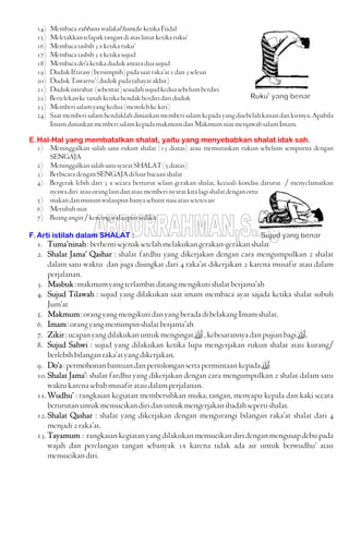 14) Membacarabbanawalakalhamdu ketikaI’tidal
15) Meletakkantelapaktangandiataslututketikaruku’
16) Membacatasbih3xketikaruku’
17) Membacatasbih3xketikasujud
18) Membacado’aketikadudukantaraduasujud
19) DudukIftirasy(bersimpuh)padasaatraka’at1dan3selesai
20) DudukTawarru’(dudukpadatahayatakhir)
21) Dudukistirahat (sebentar)sesudahsujudkeduasebelumberdiri
22) Bertelekanketanahketikahendakberdiridariduduk
23) Memberisalamyangkedua(menolehkekiri)
24) Saatmemberisalamhendaklahdiniatkanmemberisalamkepadayangdisebelahkanandankirinya.Apabila
ImamdiniatkanmemberisalamkepadamakmumdanMakmumniatmenjawabsalamImam.
E.Hal-Hal yang membatalkan shalat, yaitu yang menyebabkan shalat idak sah.
1) Meninggalkan salah satu rukun shalat (13 diatas) atau memutuskan rukun sebelum sempurna dengan
SENGAJA
2) MeninggalkansalahsatusyaratSHALAT(5diatas)
3) BerbicaradenganSENGAJAdiluarbacaanshalat
4) Bergerak lebih dari 3 x secara berturut selain gerakan shalat, kecuali kondisi darurat / menyelamatkan
nyawadiri atauoranglaindanataumemberiisyaratkitalagishalatdenganortu
5) makandanminumwalaupunhanyasebutirnasiatausetetesair
6) Merubahniat
7) Buangangin/kencingwalaupunsedikit
F.Arti istilah dalam SHALAT :
1. Tuma’ninah:berhentisejenaksetelahmelakukangerakan-gerakanshalat
2. Shalat Jama’ Qashar : shalat fardhu yang dikerjakan dengan cara mengumpulkan 2 shalat
dalam satu waktu dan juga disingkat dari 4 raka’at dikerjakan 2 karena musafir atau dalam
perjalanan.
3. Masbuk:makmumyangterlambatdatangmengikutishalatberjama’ah
4. Sujud Tilawah : sujud yang dilakukan saat imam membaca ayat sajada ketika shalat subuh
Jum’at
5. Makmum:orangyangmengikutidanyangberadadibelakangImamshalat.
6. Imam:orangyangmemimpinshalatberjama’ah
7. Zikir:ucapanyangdilakukanuntukmengingat,kebesarannyadanpujianbagi.
8. Sujud Sahwi : sujud yang dilakukan ketika lupa mengerjakan rukun shalat atau kurang/
berlebihbilanganraka’atyangdikerjakan.
9. Do’a:permohonanbantuandanpertolongansertapermintaankepada
10. Shalat Jama’: shalat fardhu yang dikerjakan dengan cara mengumpulkan 2 shalat dalam satu
waktukarenasebabmusafirataudalamperjalanan.
11. Wudhu’ : rangkaian kegiatan membersihkan muka, tangan, menyapu kepala dan kaki secara
berurutanuntukmensucikandiridanuntukmengerjakanibadahsepertishalat.
12. Shalat Qashar : shalat yang dikerjakan dengan mengurangi bilangan raka’at shalat dari 4
menjadi2raka’at.
13. Tayamum : rangkaiankegiatanyangdilakukanmensucikandiridenganmengusapdebupada
wajah dan perelangan tangan sebanyak 1x karena tidak ada air untuk berwudhu’ atau
mensucikandiri.
 