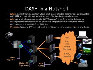 DASH in a Nutshell
•   What: Video streaming solution where small pieces of video streams/files are requested
    with HTT...