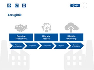 Terugblik

Decision
Framework
Plannen
voorbereiden

Migratie
uitvoering

Migratie
Proces

Analyseren

Co-existeren

Migreren

Gebruiken
en uitfaseren

 
