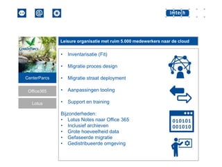 Leisure organisatie met ruim 5.000 medewerkers naar de cloud

•

Inventarisatie (Fit)

•

Migratie proces design

CenterParcs

•

Migratie straat deployment

Office365

•

Aanpassingen tooling

Lotus

•

Support en training

Bijzonderheden:
• Lotus Notes naar Office 365
• Inclusief archieven
• Grote hoeveelheid data
• Gefaseerde migratie
• Gedistribueerde omgeving

 