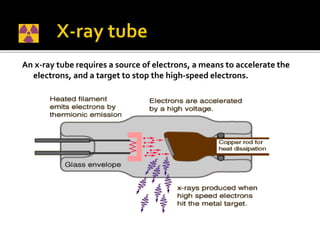 An x-ray tube requires a source of electrons, a means to accelerate the
electrons, and a target to stop the high-speed electrons.
 
