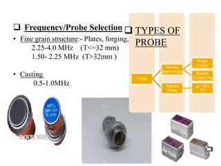  Frequency/Probe Selection
• Fine grain structure:- Plates, forging, flat
2.25-4.0 MHz (T<=32 mm)
1.50- 2.25 MHz (T>32mm )
• Casting
0.5-1.0MHz
Probe
Normal
Beam Probe
Single
Crystal
Double
Crystal (TR)
Angular
Probe
45°, 60°,
70°
 TYPES OF
PROBE
 