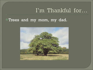 Trees  and  my  mom,  my  dad. 
