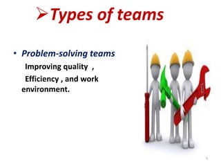 Types of teams
• Problem-solving teams
Improving quality ,
Efficiency , and work
environment.
5
 
