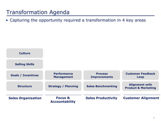 7
Transformation Agenda
• Capturing the opportunity required a transformation in 4 key areas
Structure
Goals / Incentives
Selling Skills
Culture
Strategy / Planning
Performance
Management
Sales Benchmarking
Process
Improvements
Sales Organization Focus &
Accountability
Sales Productivity Customer Alignment
Alignment with
Product & Marketing
Customer Feedback
Loop
 