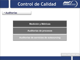 Control de Calidad Auditorías Medición y Métricas Auditorías de procesos Auditorías de servicios de outsourcing 