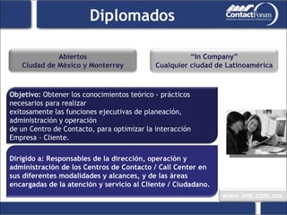 Diplomados Objetivo:  Obtener los conocimientos teórico - prácticos necesarios para realizar exitosamente las funciones ejecutivas de planeación, administración y operación de un Centro de Contacto, para optimizar la interacción Empresa - Cliente. Dirigido a: Responsables de la dirección, operación y administración de los Centros de Contacto / Call Center en sus diferentes modalidades y alcances, y de las áreas encargadas de la atención y servicio al Cliente / Ciudadano.  “ In Company” Cualquier ciudad de Latinoamérica Abiertos Ciudad de México y Monterrey 