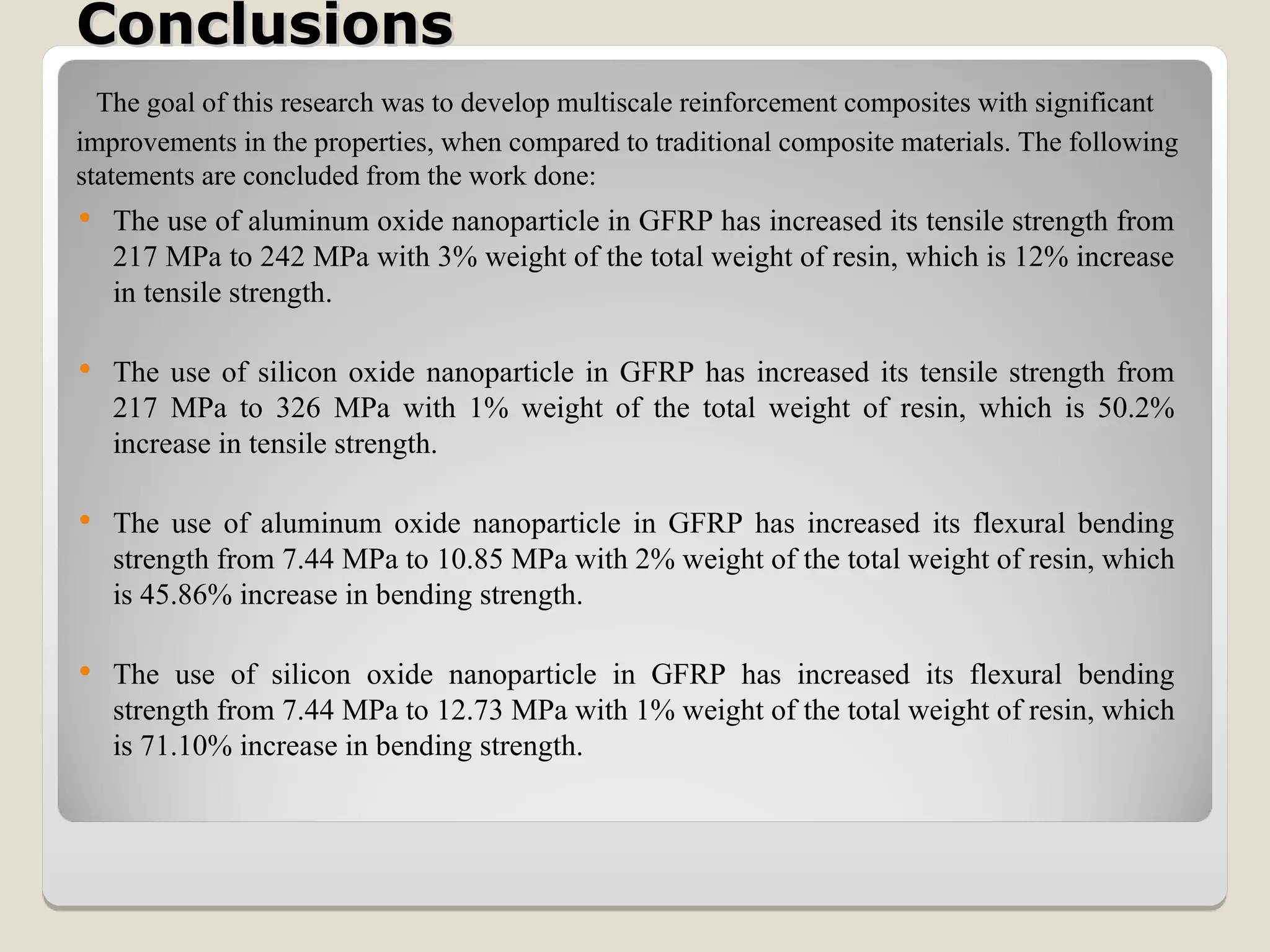 Conclusions
Conclusions
The goal of this research was to develop multiscale reinforcement composites with significant
improvements in the properties, when compared to traditional composite materials. The following
statements are concluded from the work done:
 The use of aluminum oxide nanoparticle in GFRP has increased its tensile strength from
217 MPa to 242 MPa with 3% weight of the total weight of resin, which is 12% increase
in tensile strength.
 The use of silicon oxide nanoparticle in GFRP has increased its tensile strength from
217 MPa to 326 MPa with 1% weight of the total weight of resin, which is 50.2%
increase in tensile strength.
 The use of aluminum oxide nanoparticle in GFRP has increased its flexural bending
strength from 7.44 MPa to 10.85 MPa with 2% weight of the total weight of resin, which
is 45.86% increase in bending strength.
 The use of silicon oxide nanoparticle in GFRP has increased its flexural bending
strength from 7.44 MPa to 12.73 MPa with 1% weight of the total weight of resin, which
is 71.10% increase in bending strength.
 