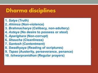 Dharma disciplines
1. Satya (Truth)
2. Ahimsa (Non-violence)
3. Brahmacharya (Celibacy, non-adultery)
4. Asteya (No desire to possess or steal)
5. Aparighara (Non-corrupt)
6. Shaucha (Cleanliness)
7. Santosh (Contentment)
8. Swadhyaya (Reading of scriptures)
9. Tapas (Austerity, perseverance, penance)
10. Ishwarpranidhan (Regular prayers)
 