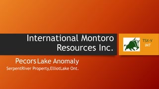 International Montoro 
Resources Inc. 
Pecors Lake Anomaly 
SerpentRiver Property,ElliotLake Ont. 
TSX-V 
IMT 
 