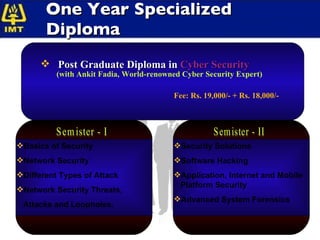 One Year Specialized Diploma Post Graduate Diploma in  Cyber Security (with Ankit Fadia, World-renowned Cyber Security Expert) Fee: Rs. 19,000/- + Rs. 18,000/- Semister - I Basics of Security Network Security Different Types of Attack Network Security Threats, Attacks and Loopholes. Semister - II Security Solutions Software Hacking Application, Internet and Mobile  Platform Security Advanced System Forensics 