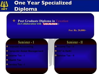 One Year Specialized Diploma Post Graduate Diploma in  Taxation (In Collaboration with  ) Fee: Rs. 20,000/- Semister - I Financial Accounting Computer Aided Management Income Tax - I Wealth Tax Service Tax - I Semister - II Income Tax - II VAT in Delhi Service Tax - II 