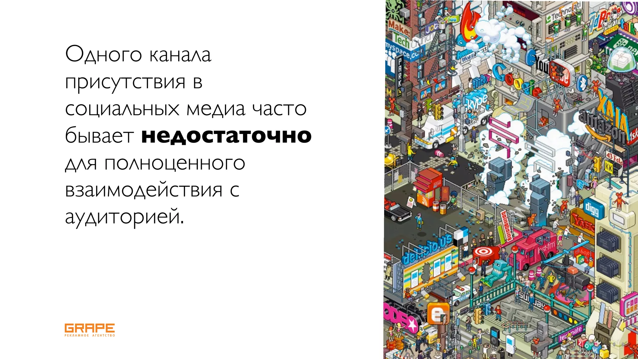 Одного канала
присутствия в
социальных медиа часто
бывает недостаточно
для полноценного
взаимодействия с
аудиторией.
 