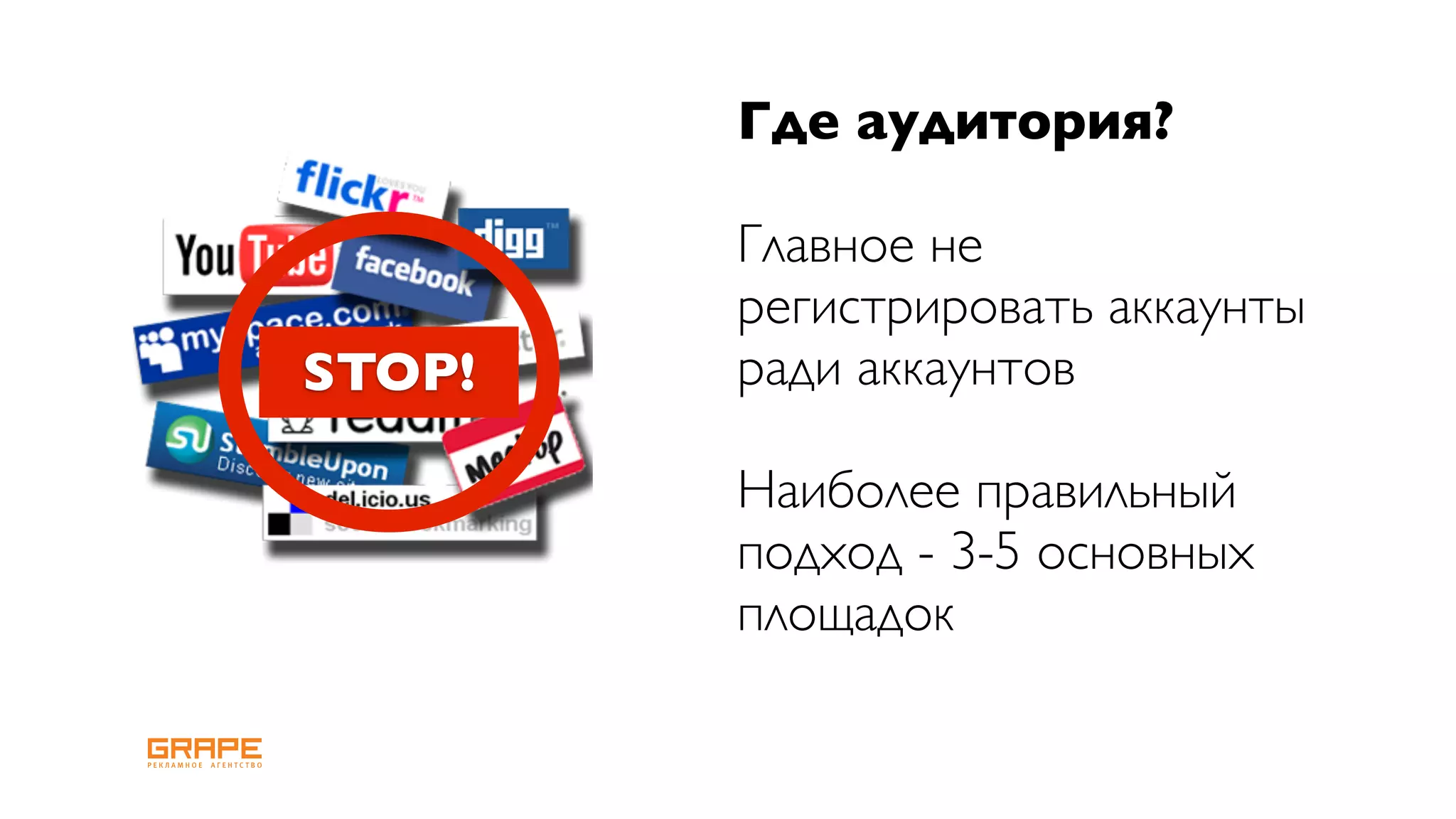 Где аудитория?

        Главное не
        регистрировать аккаунты
STOP!   ради аккаунтов

        Наиболее правильный
        подход - 3-5 основных
        площадок
 