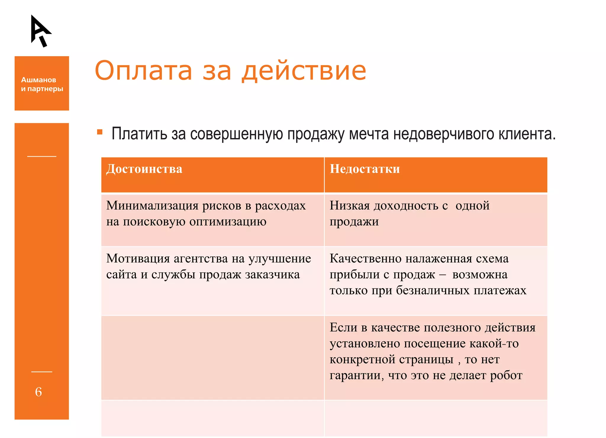 Оплата за действие Платить за совершенную продажу мечта недоверчивого клиента. Достоинства Недостатки Минимализация рисков в расходах на поисковую оптимизацию Низкая доходность с  одной продажи Мотивация агентства на улучшение сайта и службы продаж заказчика  Качественно налаженная схема прибыли с продаж – возможна только при безналичных платежах Если в качестве полезного действия установлено посещение какой-то конкретной страницы , то нет гарантии, что это не делает робот 