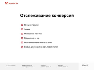 © 2010 Promodo  www.promodo.ru [email_address] Москва +7(495) 979-98-54 Отслеживание конверсий из  37   Процесс покупки Звонки Обращение по  e-mail Обращения в  icq Позитивные/негативные отзывы Любую другую активность посетителей Харьков +3(8057)  752-54-62 