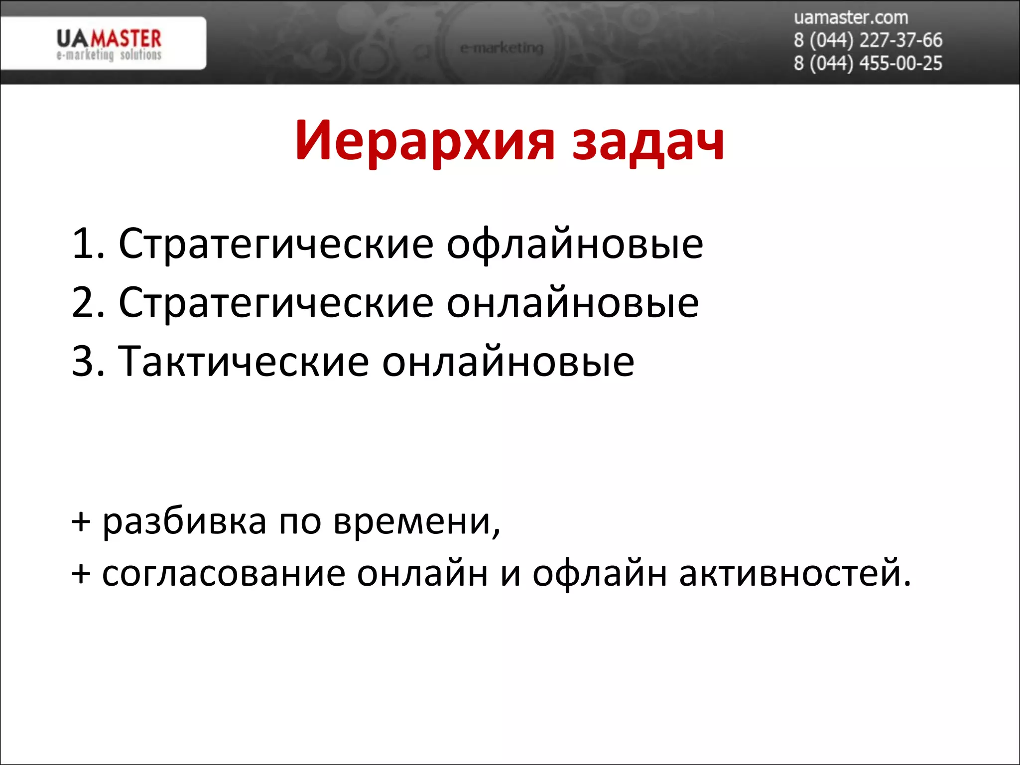Иерархия задач 1. Стратегические офлайновые 2. Стратегические онлайновые  3. Тактические онлайновые + разбивка по времени,  + согласование онлайн и офлайн активностей. 