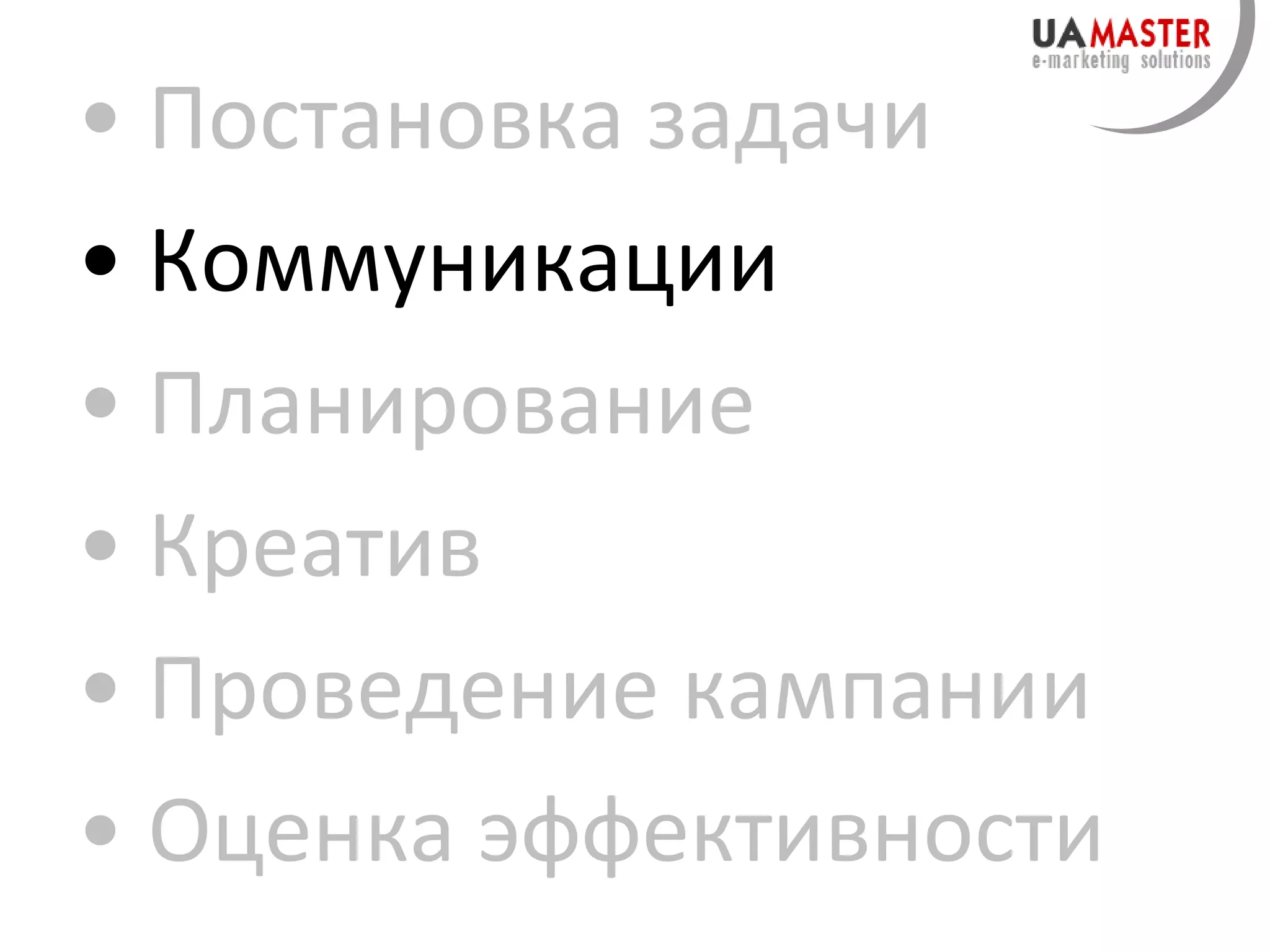 Постановка задачи Коммуникации Планирование Креатив Проведение кампании Оценка эффективности 