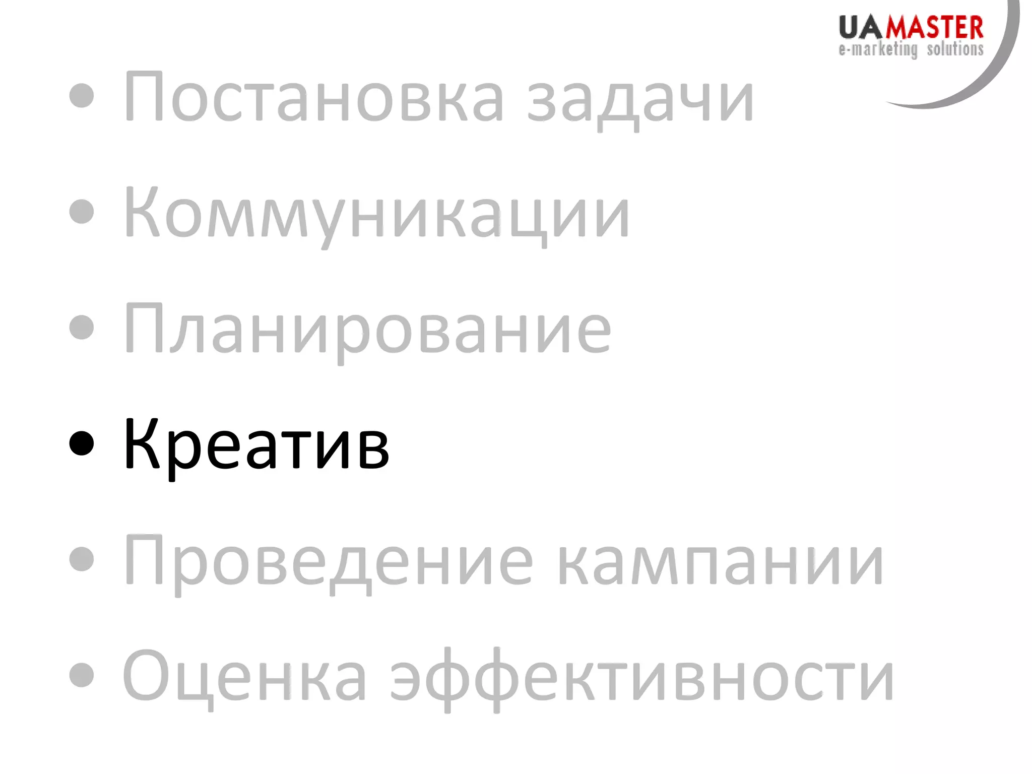 Постановка задачи Коммуникации Планирование Креатив Проведение кампании Оценка эффективности 