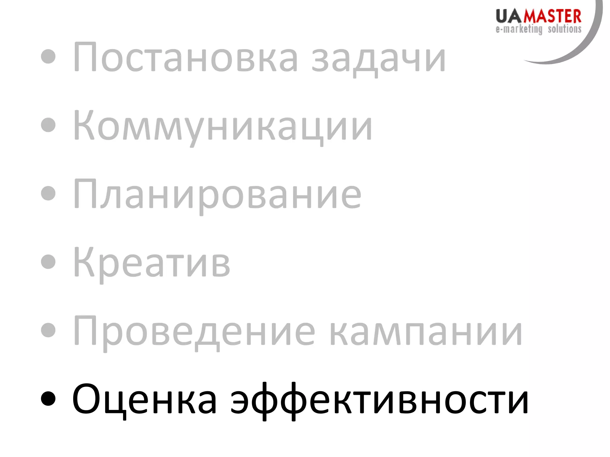 Постановка задачи Коммуникации Планирование Креатив Проведение кампании Оценка эффективности 