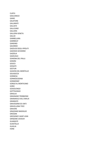 FURTEI
GAGLIANICO
GAIRO
GALATONE
GALLARATE
GALLIATE
GALLICANO
GALLIERA
GALLIERA VENETA
GALLIO
GAMBELLARA
GAMBOLO'
GANDINO
GAVARDO
GAZOLDO DEGLI IPPOLITI
GAZZADA SCHIANNO
GAZZOLA
GAZZUOLO
GEMONA DEL FRIULI
GENONI
GESICO
GESSATE
GESTURI
GIAVERA DEL MONTELLO
GOLASECCA
GONNESA
GONNOSCODINA
GONNOSNO'
GORGO AL MONTICANO
GORO
GOSSOLENGO
GOTTOLENGO
GRAGLIA
GRAGNANO TREBBIENSE
GRANAROLO DELL'EMILIA
GRANDATE
GRAVEDONA ED UNITI
GRAVELLONA TOCE
GRAVERE
GRAZZANO BADOGLIO
GRESSAN
GRESSONEY-SAINT-JEAN
GRINZANE CAVOUR
GUANZATE
GUASTALLA
GUIGLIA
HONE
 