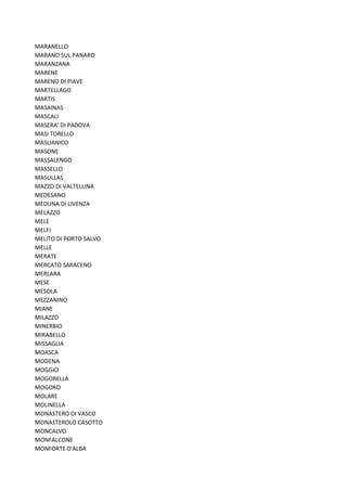 MARANELLO
MARANO SUL PANARO
MARANZANA
MARENE
MARENO DI PIAVE
MARTELLAGO
MARTIS
MASAINAS
MASCALI
MASERA' DI PADOVA
MASI TORELLO
MASLIANICO
MASONE
MASSALENGO
MASSELLO
MASULLAS
MAZZO DI VALTELLINA
MEDESANO
MEDUNA DI LIVENZA
MELAZZO
MELE
MELFI
MELITO DI PORTO SALVO
MELLE
MERATE
MERCATO SARACENO
MERLARA
MESE
MESOLA
MEZZANINO
MIANE
MILAZZO
MINERBIO
MIRABELLO
MISSAGLIA
MOASCA
MODENA
MOGGIO
MOGORELLA
MOGORO
MOLARE
MOLINELLA
MONASTERO DI VASCO
MONASTEROLO CASOTTO
MONCALVO
MONFALCONE
MONFORTE D'ALBA
 