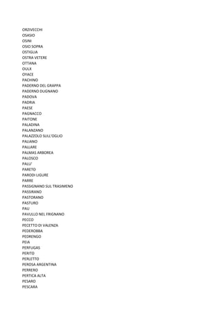 ORZIVECCHI
OSASIO
OSINI
OSIO SOPRA
OSTIGLIA
OSTRA VETERE
OTTANA
OULX
OYACE
PACHINO
PADERNO DEL GRAPPA
PADERNO DUGNANO
PADOVA
PADRIA
PAESE
PAGNACCO
PAITONE
PALADINA
PALANZANO
PALAZZOLO SULL'OGLIO
PALIANO
PALLARE
PALMAS ARBOREA
PALOSCO
PALU'
PARETO
PARODI LIGURE
PARRE
PASSIGNANO SUL TRASIMENO
PASSIRANO
PASTORANO
PASTURO
PAU
PAVULLO NEL FRIGNANO
PECCO
PECETTO DI VALENZA
PEDEROBBA
PEDRENGO
PEIA
PERFUGAS
PERITO
PERLETTO
PEROSA ARGENTINA
PERRERO
PERTICA ALTA
PESARO
PESCARA
 