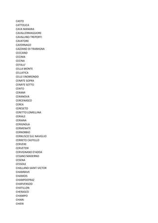 CASTO
CATTOLICA
CAVA MANARA
CAVALLERMAGGIORE
CAVALLINO-TREPORTI
CAVATORE
CAVERNAGO
CAZZANO DI TRAMIGNA
CECCANO
CECIMA
CECINA
CEFALU'
CELLA MONTE
CELLATICA
CELLE ENOMONDO
CENATE SOPRA
CENATE SOTTO
CENTO
CERAMI
CERANOVA
CERCENASCO
CEREA
CERESETO
CERETTO LOMELLINA
CERIALE
CERIANA
CERIGNOLA
CERMENATE
CERNOBBIO
CERNUSCO SUL NAVIGLIO
CERRETO CASTELLO
CERVERE
CERVETERI
CERVIGNANO D'ADDA
CESANO MADERNO
CESENA
CESSOLE
CHALLAND-SAINT-VICTOR
CHAMBAVE
CHAMOIS
CHAMPDEPRAZ
CHARVENSOD
CHATILLON
CHERASCO
CHIAMPO
CHIARI
CHIERI
 