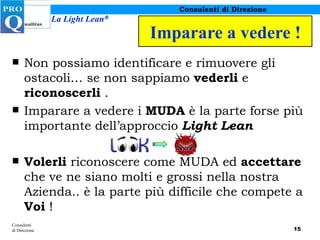Imparare a vedere ! Non possiamo identificare e rimuovere gli ostacoli… se non sappiamo  vederli  e  riconoscerli  . Imparare a vedere i  MUDA  è la parte forse più importante dell’approccio  Light Lean Volerli  riconoscere come MUDA ed  accettare  che ve ne siano molti e grossi nella nostra Azienda.. è la parte più difficile che compete a  Voi  ! Consulenti di Direzione 