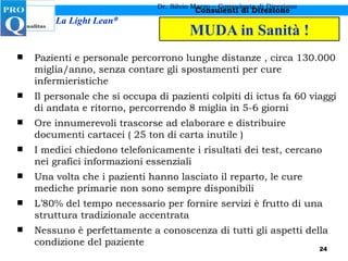 MUDA in Sanità ! Dr. Silvio Marzo – Consulente di Direzione Pazienti e personale percorrono lunghe distanze , circa 130.000 miglia/anno, senza contare gli spostamenti per cure infermieristiche Il personale che si occupa di pazienti colpiti di ictus fa 60 viaggi di andata e ritorno, percorrendo 8 miglia in 5-6 giorni Ore innumerevoli trascorse ad elaborare e distribuire documenti cartacei ( 25 ton di carta inutile ) I medici chiedono telefonicamente i risultati dei test, cercano nei grafici informazioni essenziali Una volta che i pazienti hanno lasciato il reparto, le cure mediche primarie non sono sempre disponibili L’80% del tempo necessario per fornire servizi è frutto di una struttura tradizionale accentrata Nessuno è perfettamente a conoscenza di tutti gli aspetti della condizione del paziente 